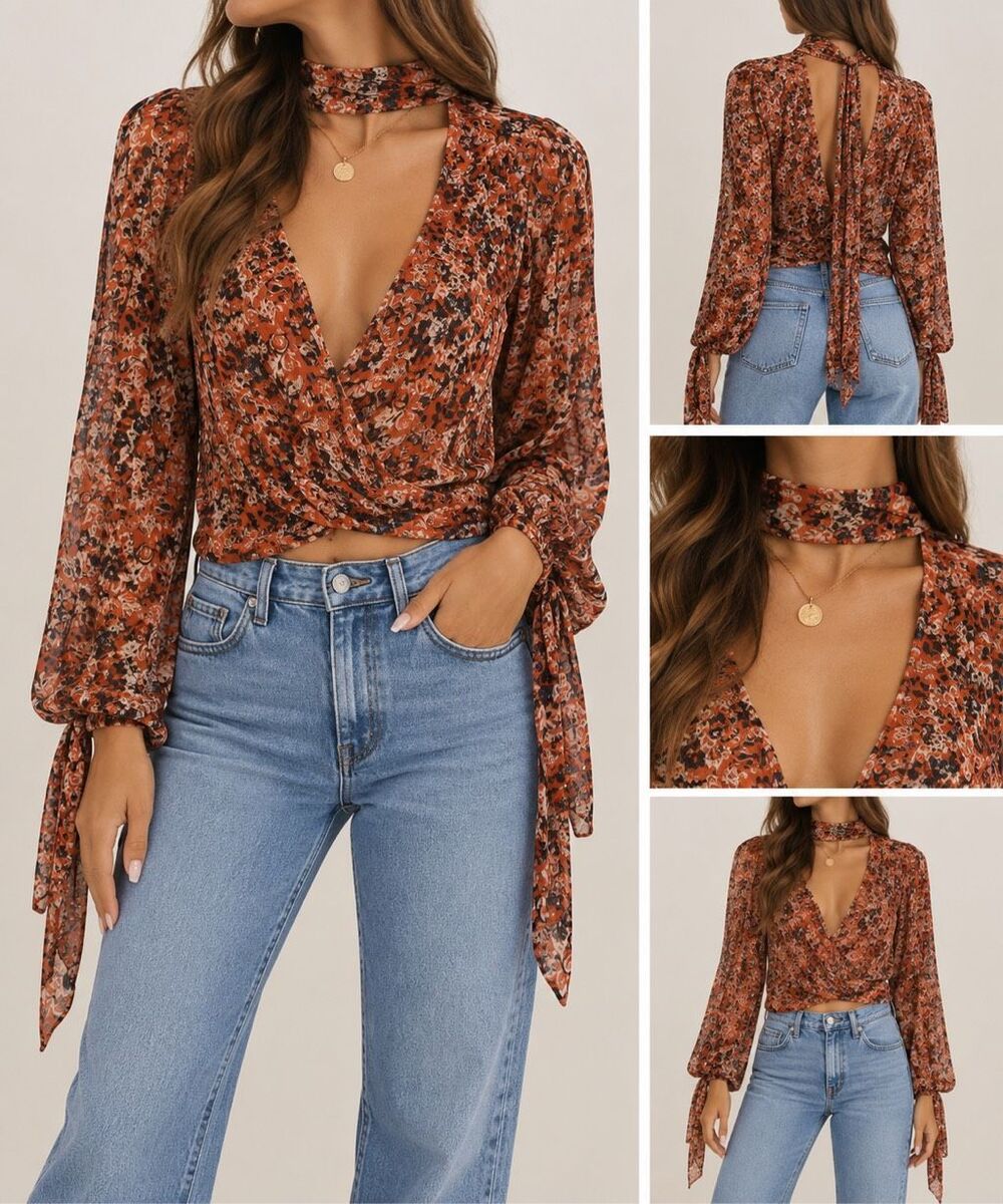 Free People Floral Mesh Top Small Draped Tie Neck Boho Y2K Blouse